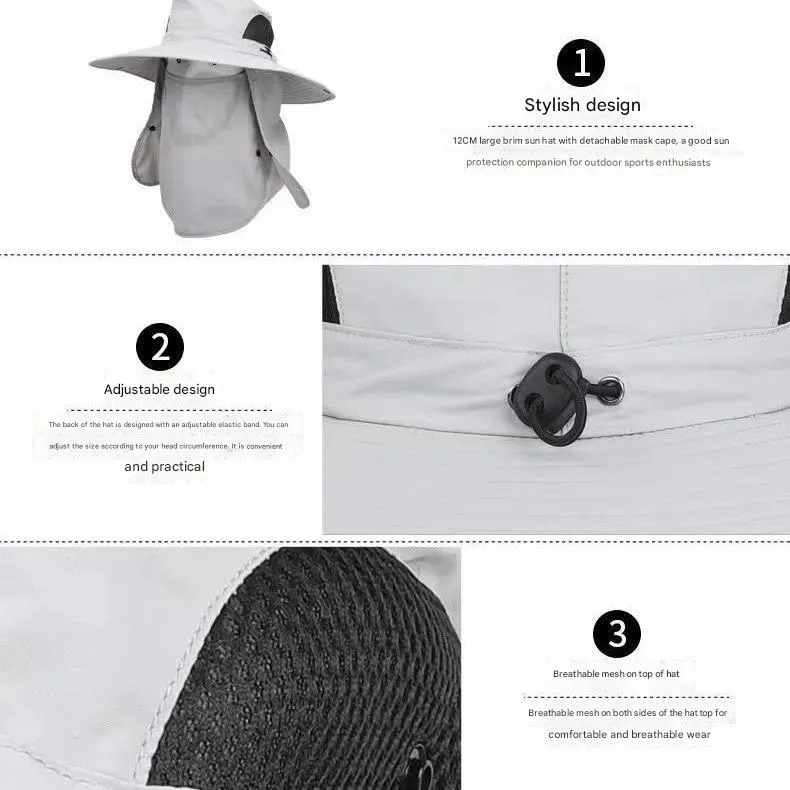 Beige Outdoor Sun Protection Hat with Detachable Face and Neck Flap - UPF 50 