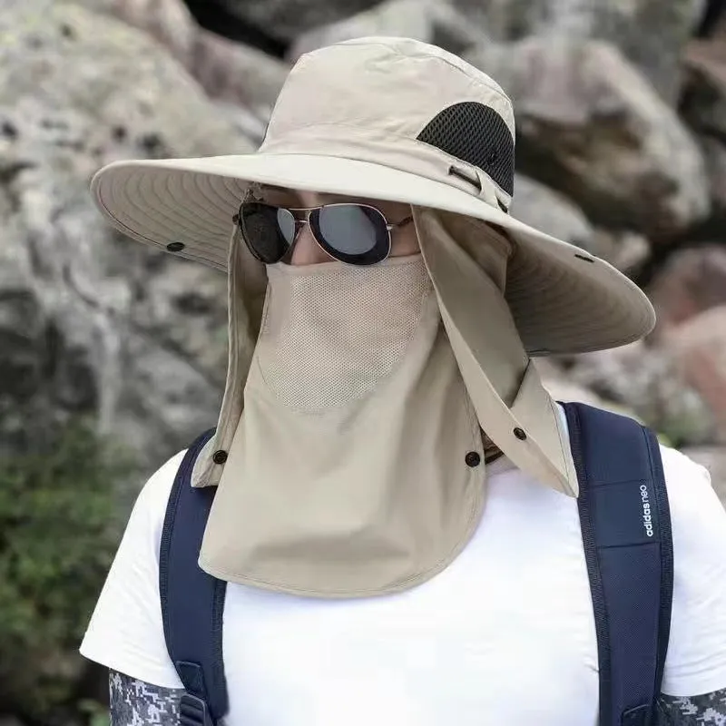 Beige Outdoor Sun Protection Hat with Detachable Face and Neck Flap - UPF 50 