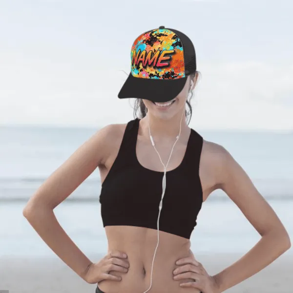 Custom Name Colorful Printed Paneled Brim Mesh Baseball Cap Unisex