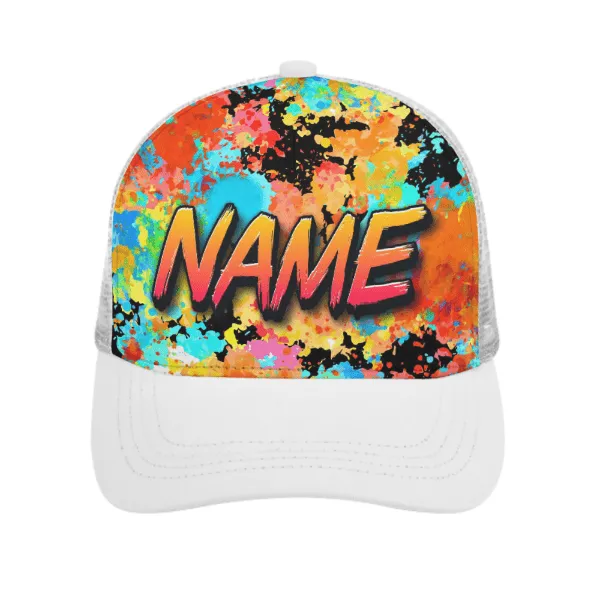 Custom Name Colorful Printed Paneled Brim Mesh Baseball Cap Unisex