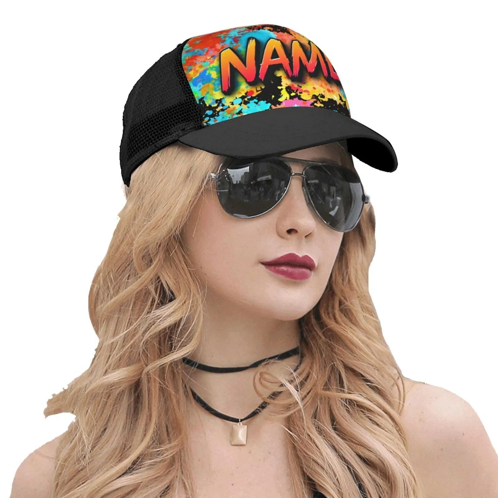 Custom Name Colorful Printed Paneled Brim Mesh Baseball Cap Unisex