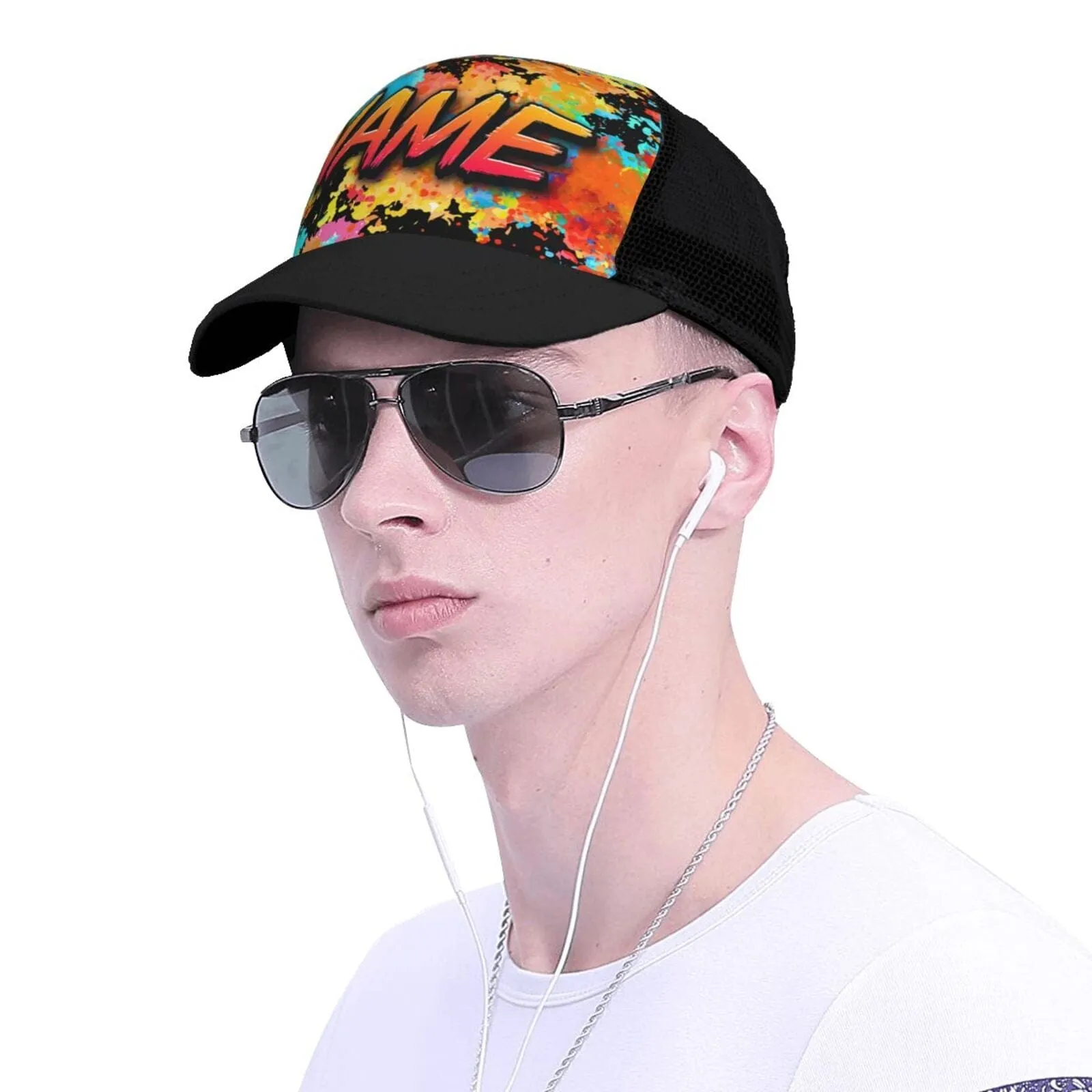 Custom Name Colorful Printed Paneled Brim Mesh Baseball Cap Unisex