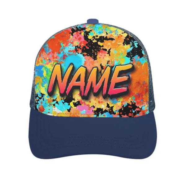 Custom Name Colorful Printed Paneled Brim Mesh Baseball Cap Unisex