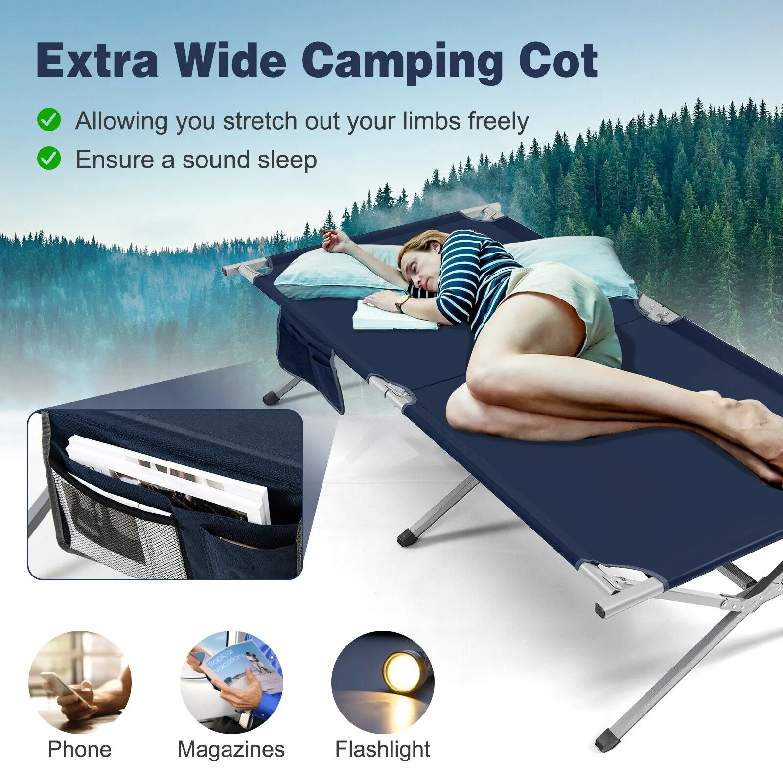 Foldable Camping Cotwith  Carry Bag and Storage Pocket-Blue
