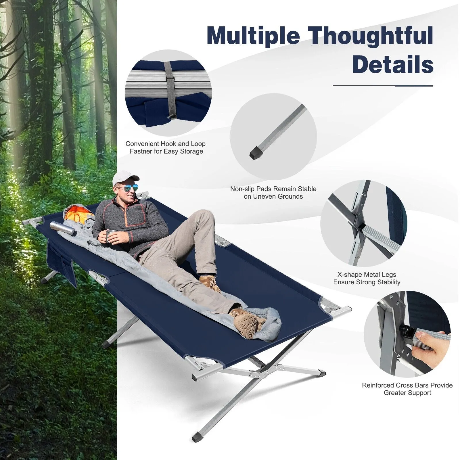 Foldable Camping Cotwith  Carry Bag and Storage Pocket-Blue