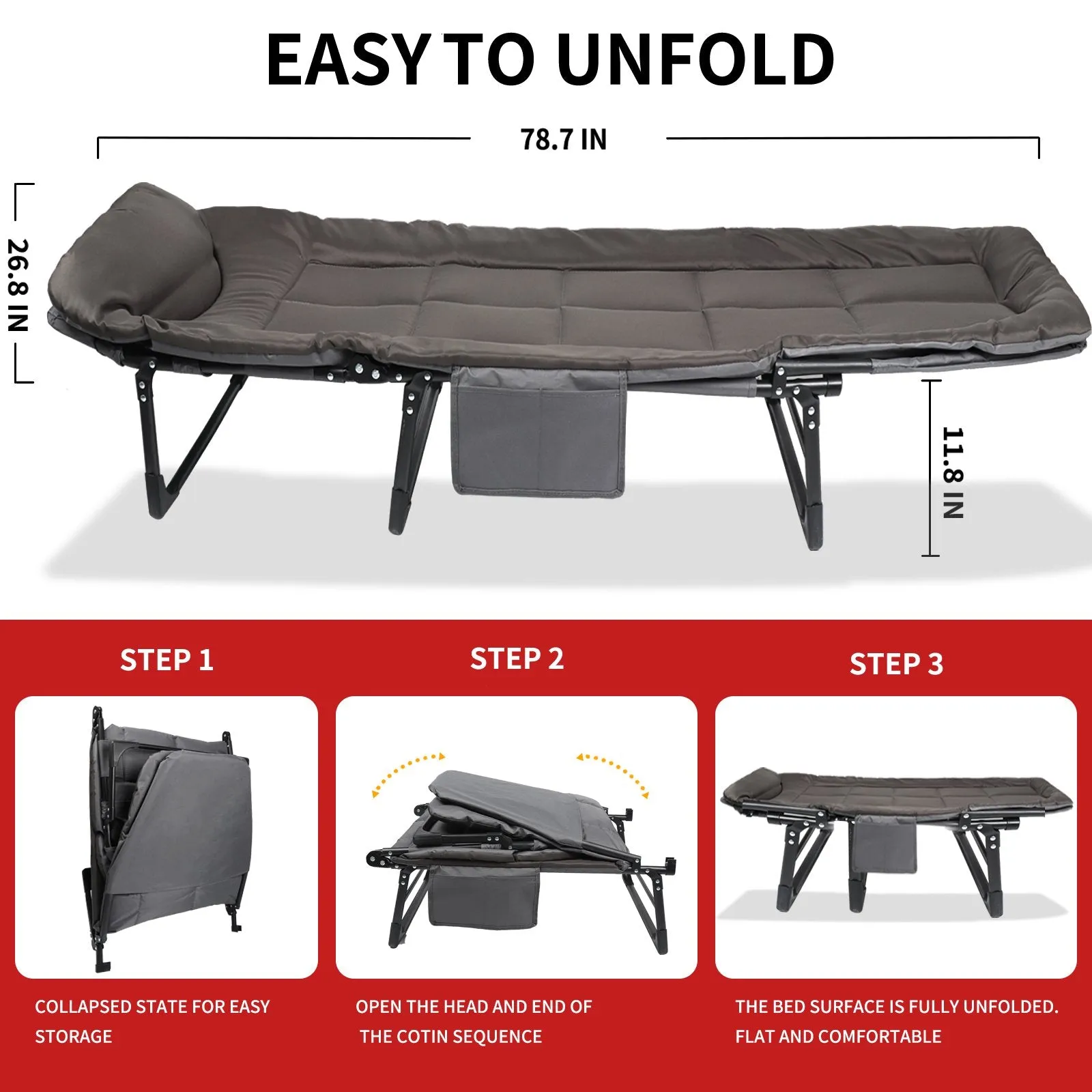 Folding Camping Cot Bed , 78.7"*26.8" Adjustable 5-Position Folding Chaise Lounge Chair, Portable Guest Bed & Outdoor Folding Sleeping Cots Bed for Home, Office, Camping, Indoor, Outdoor