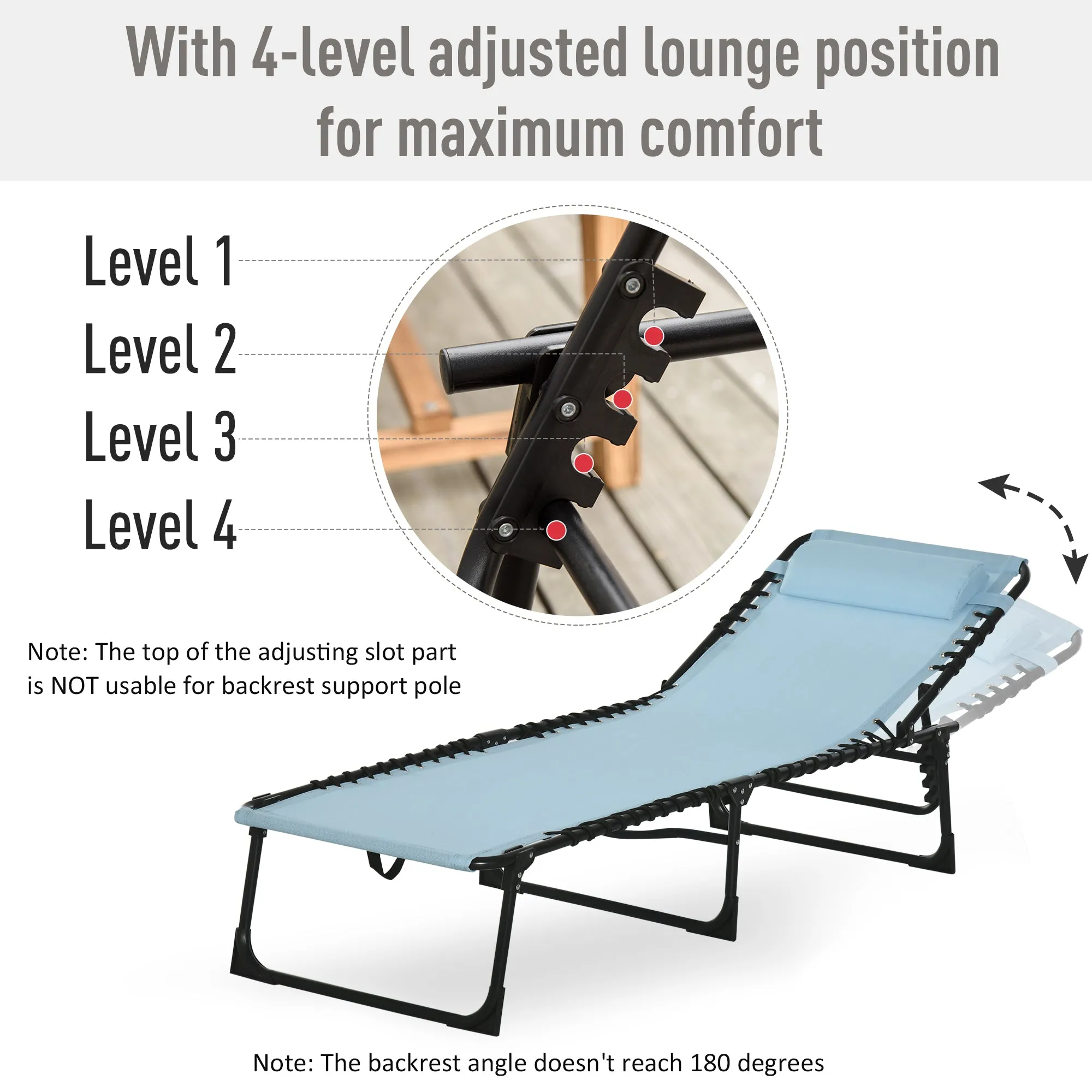 Folding Sun Lounger Beach Chaise Chair Garden Cot Camping Recliner with 4 Position Adjustable Baby Blue