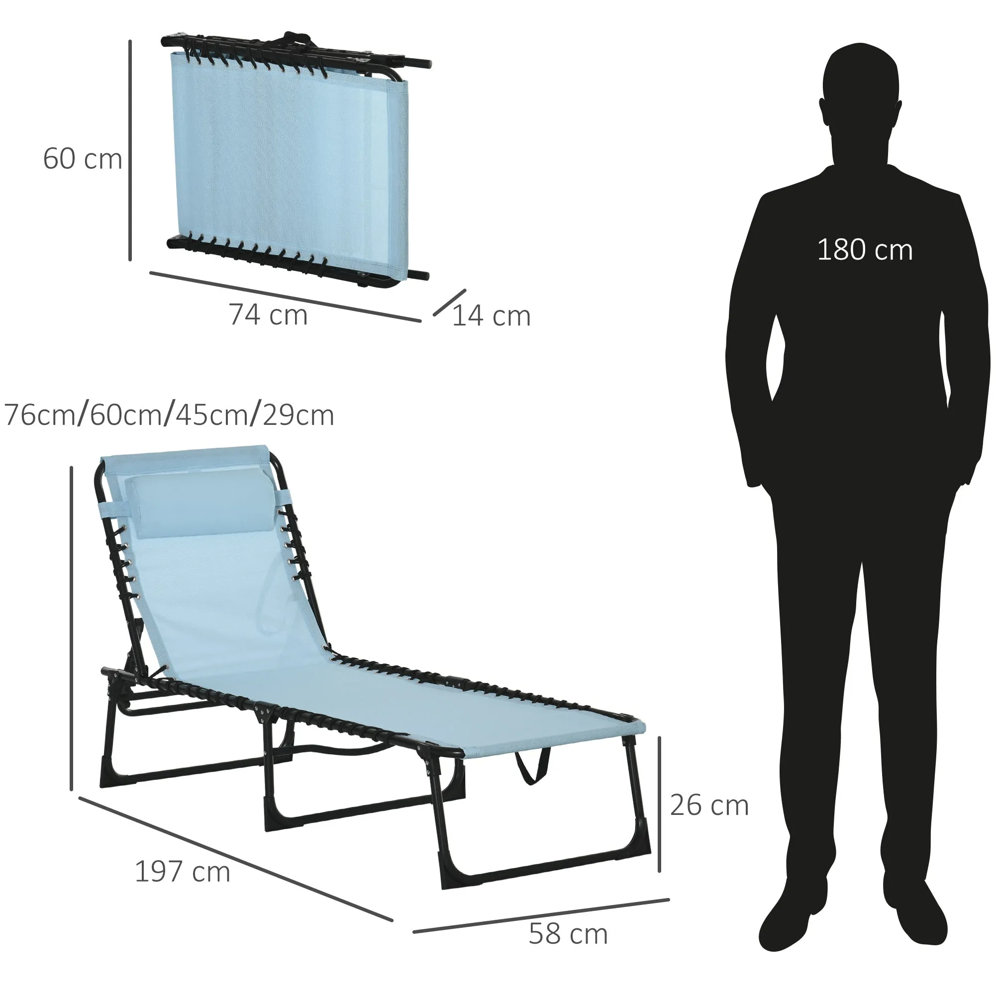 Folding Sun Lounger Beach Chaise Chair Garden Cot Camping Recliner with 4 Position Adjustable Baby Blue