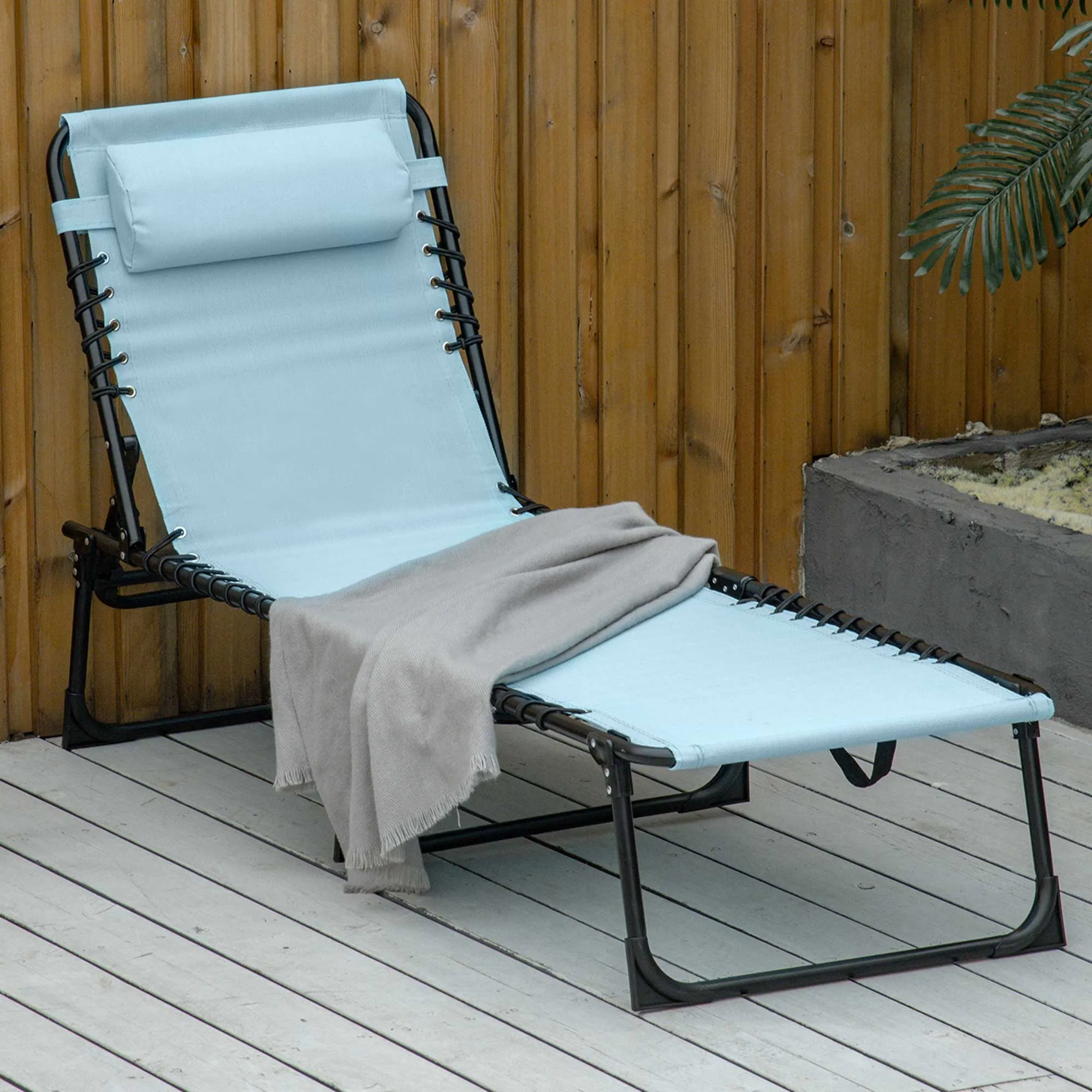 Folding Sun Lounger Beach Chaise Chair Garden Cot Camping Recliner with 4 Position Adjustable Baby Blue