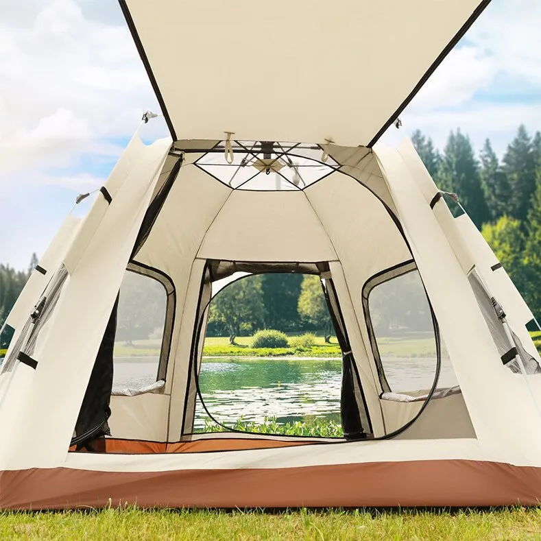 NNEDSZ 5-8 Person Hexagonal Camping Tent | Double-Layer Silver Coated Waterproof Shelter with Awning (280*280*158cm)