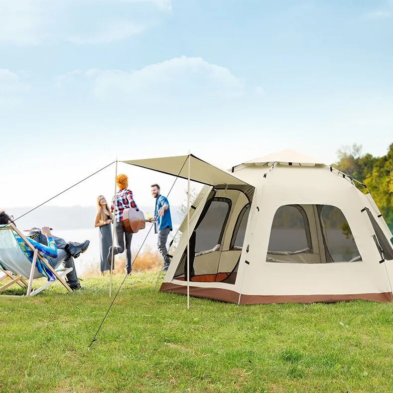 NNEDSZ 5-8 Person Hexagonal Camping Tent | Double-Layer Silver Coated Waterproof Shelter with Awning (280*280*158cm)