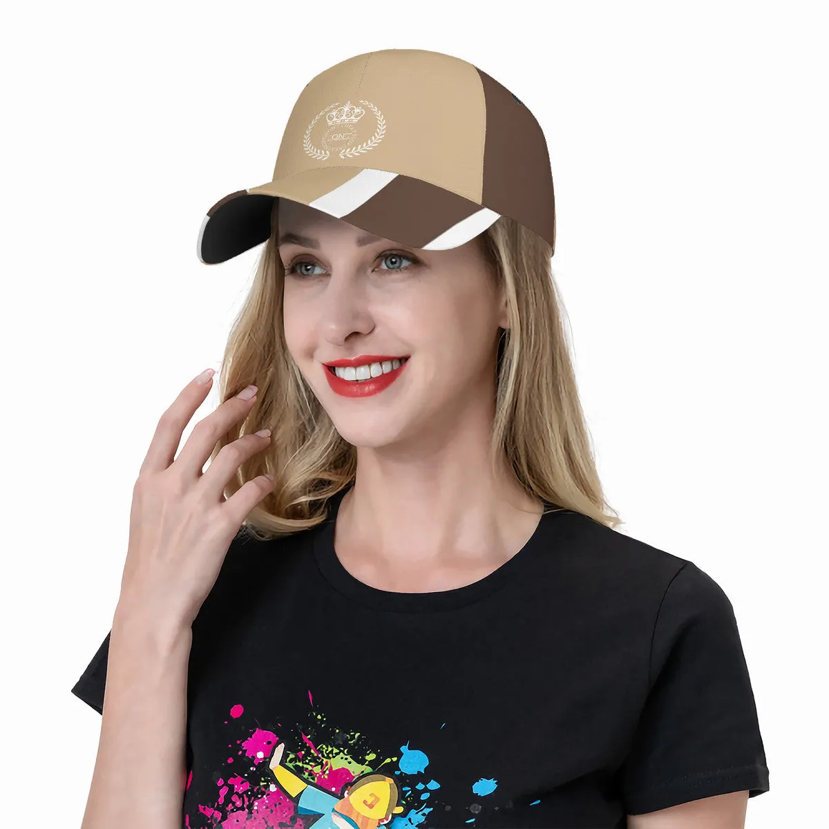 Royalty 24 White Logo, Tan Stripes & White  Curved Brim Baseball Cap (AOP)