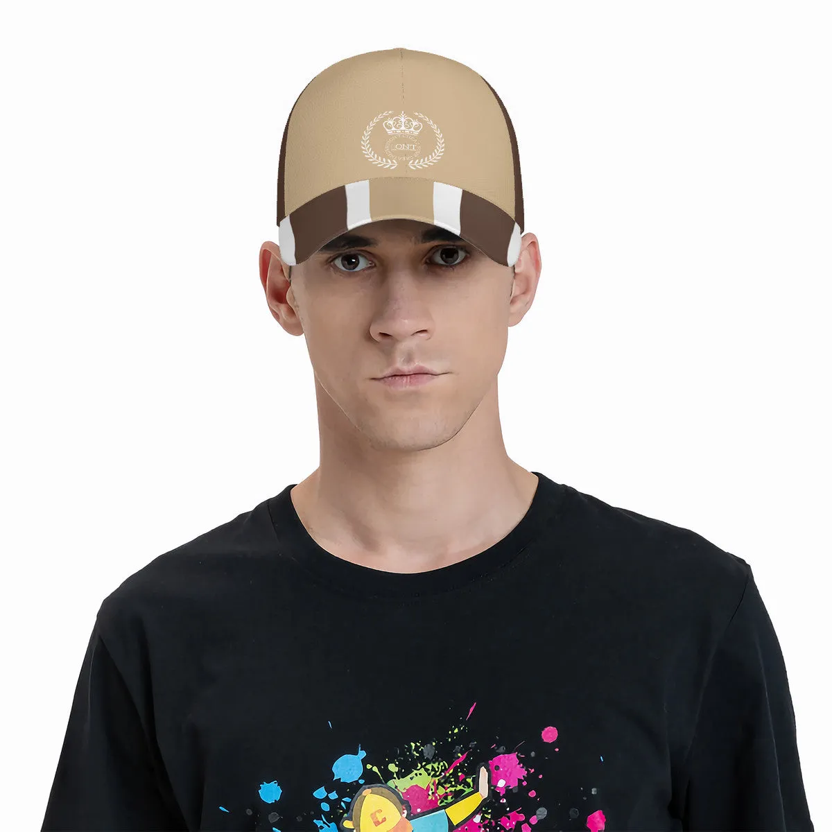 Royalty 24 White Logo, Tan Stripes & White  Curved Brim Baseball Cap (AOP)