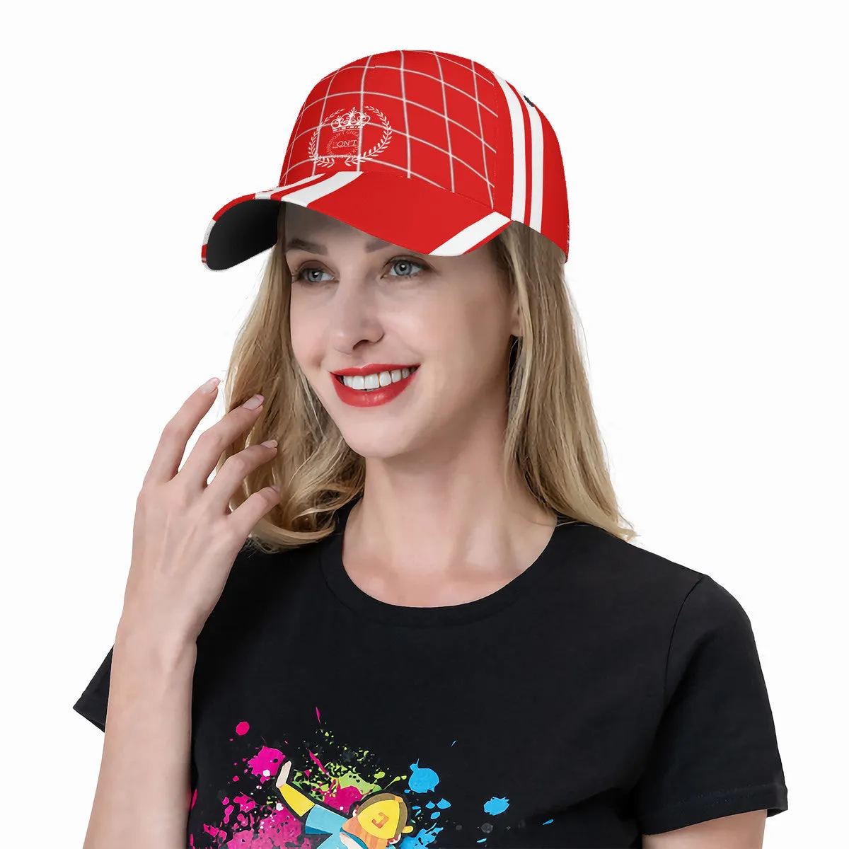 Royalty 24 White Logo,Netting ,Stripes & Red Curved Brim Baseball Cap (AOP)