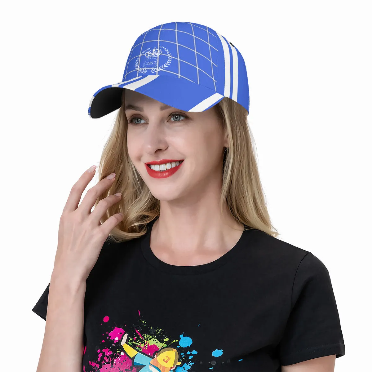 Royalty 24 White Logo,Stripes & Blue Curved Brim Baseball Cap (AOP)
