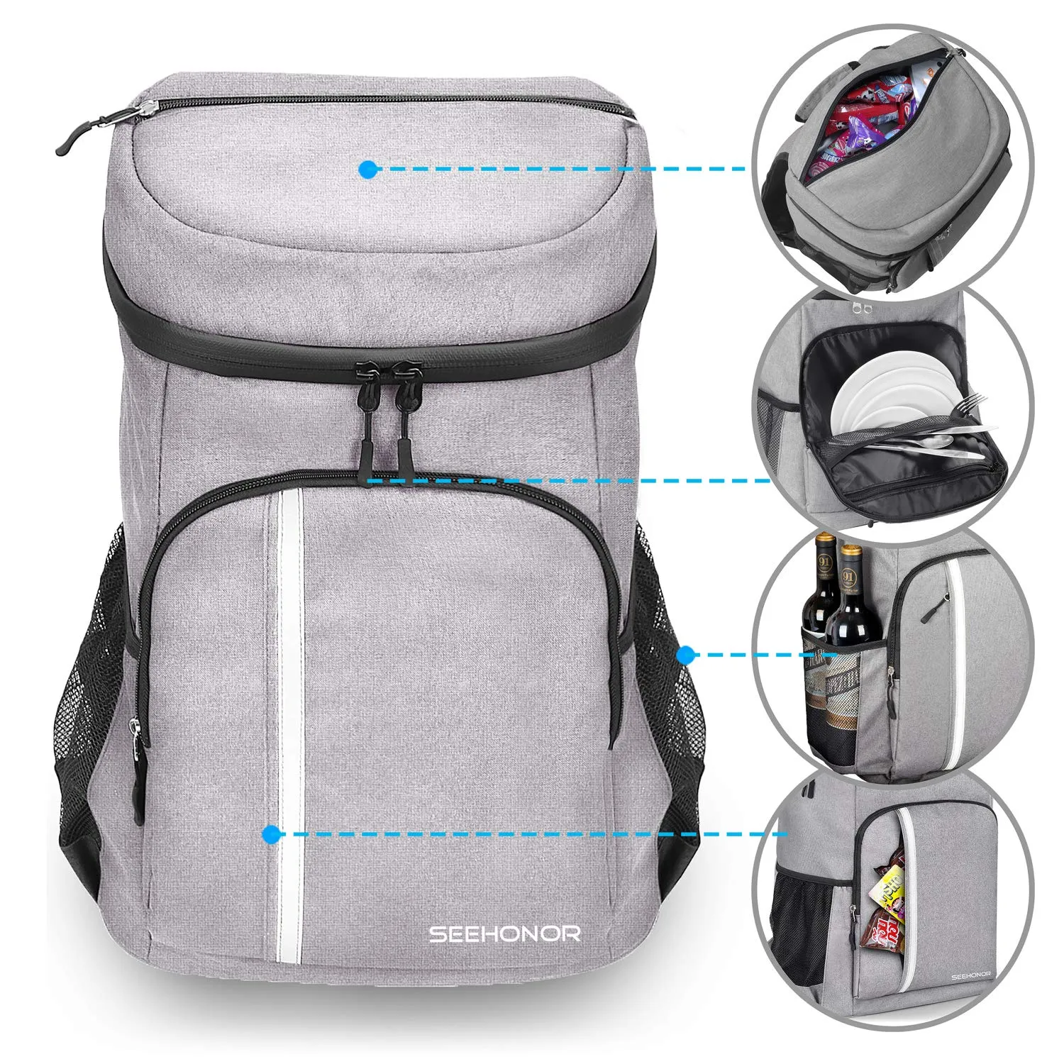SEEHONOR Insulated Cooler Backpack Leakproof Soft Cooler Bag Lightweight Backpack Cooler for Lunch Picnic Hiking Camping Beach Park Day Trips, 30 Cans