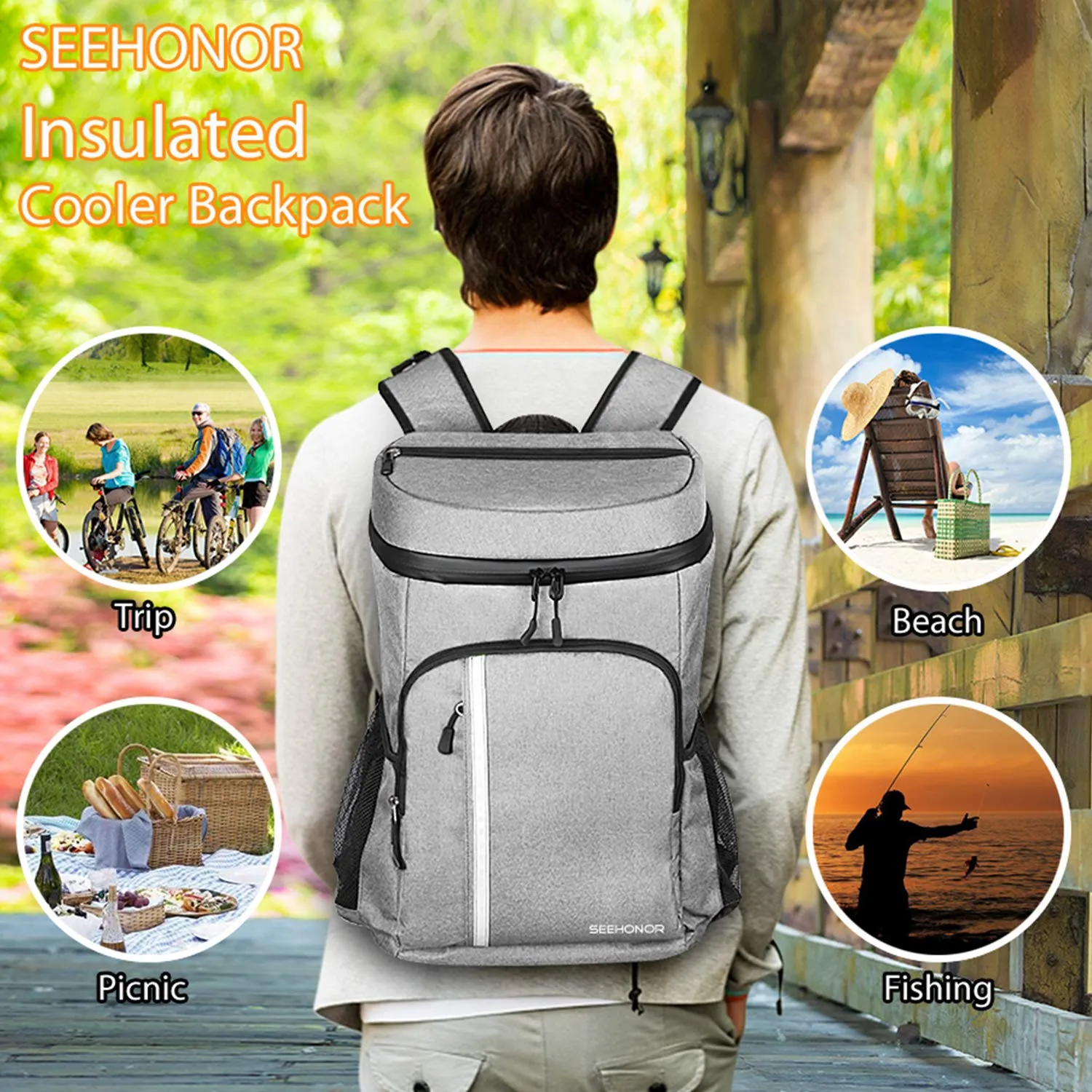 SEEHONOR Insulated Cooler Backpack Leakproof Soft Cooler Bag Lightweight Backpack Cooler for Lunch Picnic Hiking Camping Beach Park Day Trips, 30 Cans