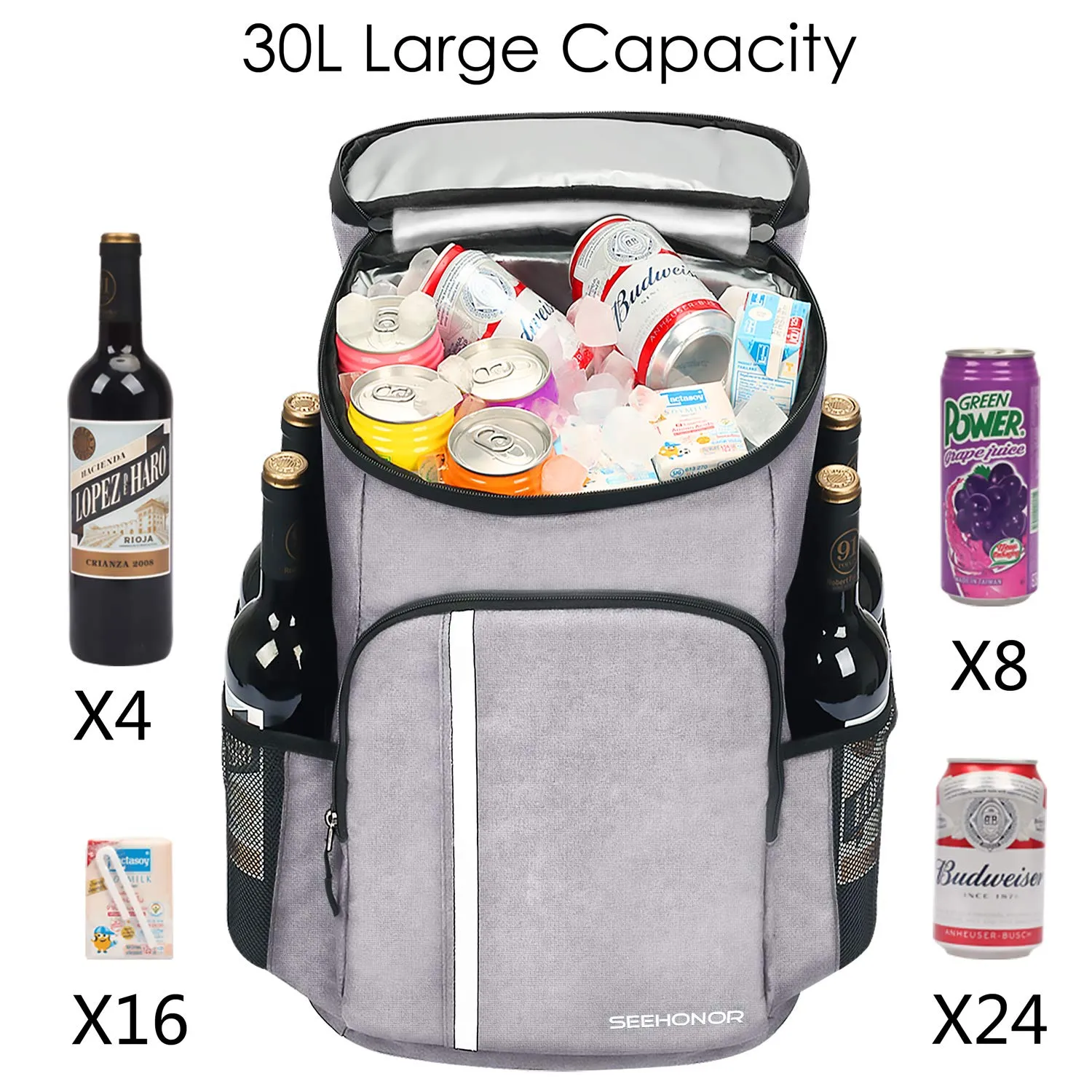 SEEHONOR Insulated Cooler Backpack Leakproof Soft Cooler Bag Lightweight Backpack Cooler for Lunch Picnic Hiking Camping Beach Park Day Trips, 30 Cans